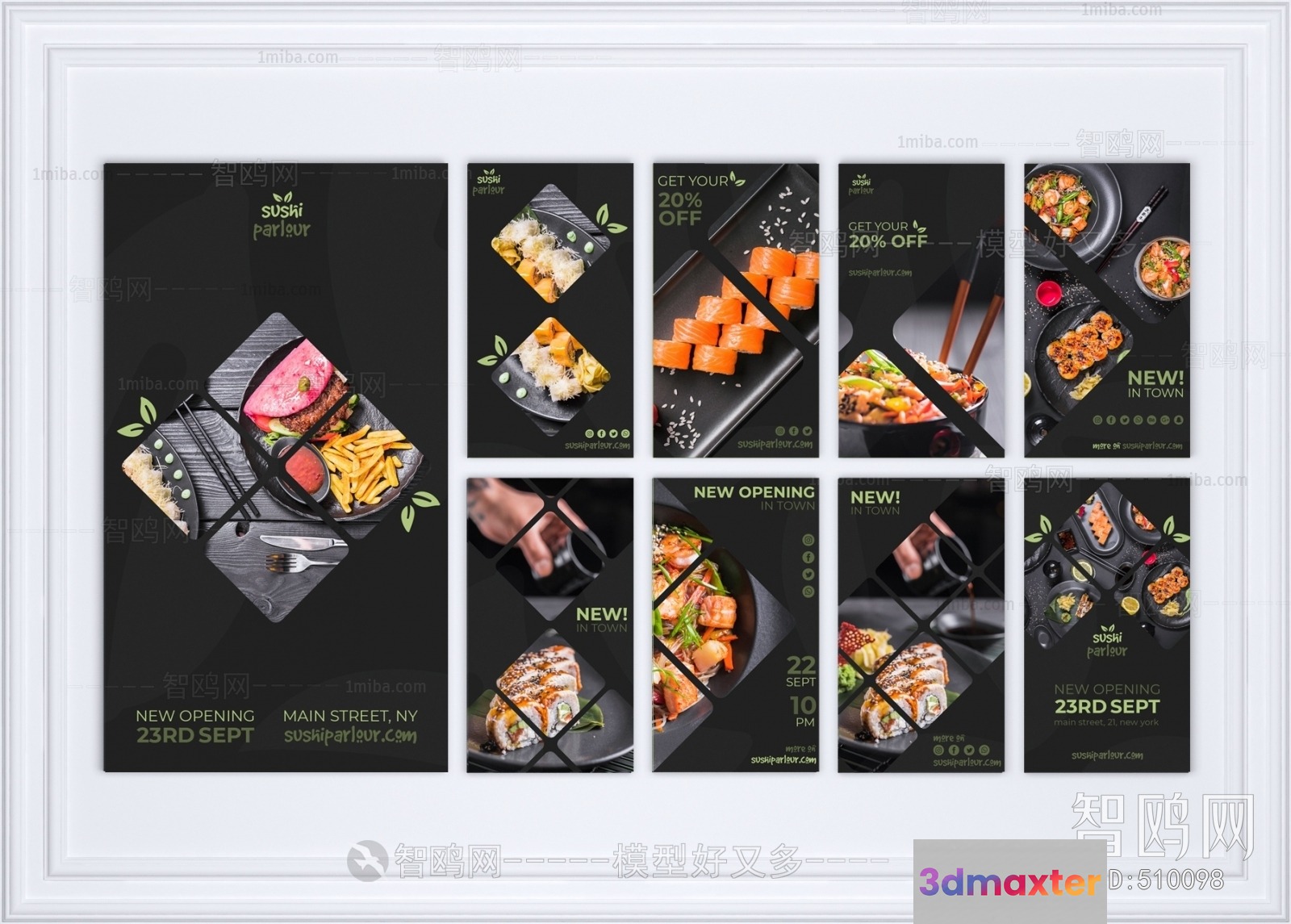 A Poster For A Sushi Restaurant Featuring Various Dishes 3D Model - 18126 - VRAY Render