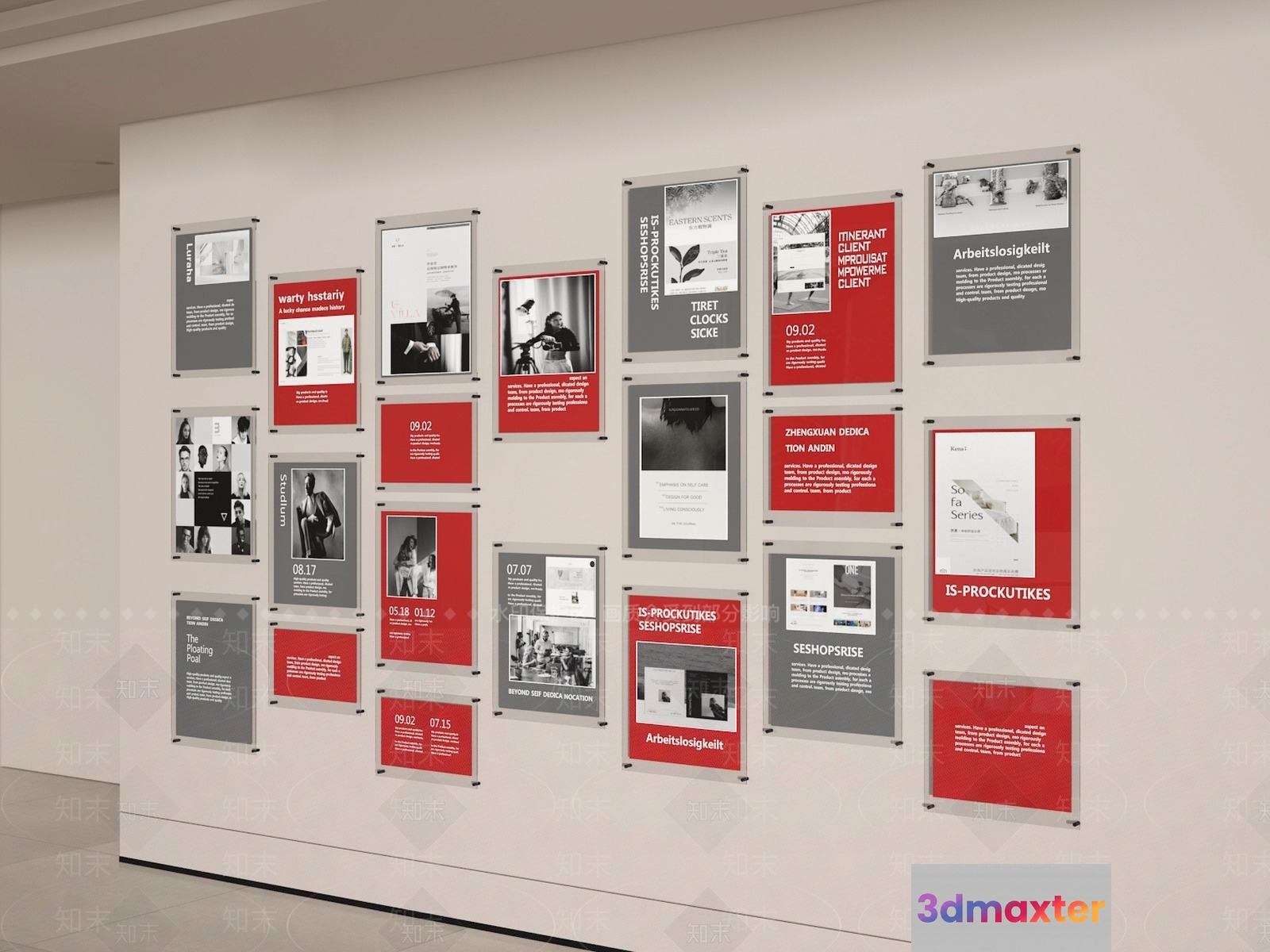 A White Wall With A Collection Of Posters 3D Model - 750 - VRAY Render