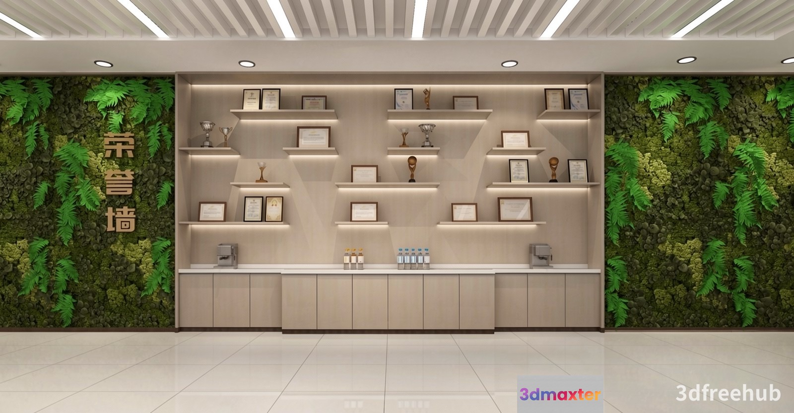 A Modern Office Reception Area With A Display Of Awards 3D Model - 20295 - VRAY Render