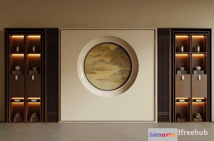 A Minimalist Asian-Inspired Room With A Large Circular Painting And Two Tall Shelves On 3D Model - 22911 - VRAY Render