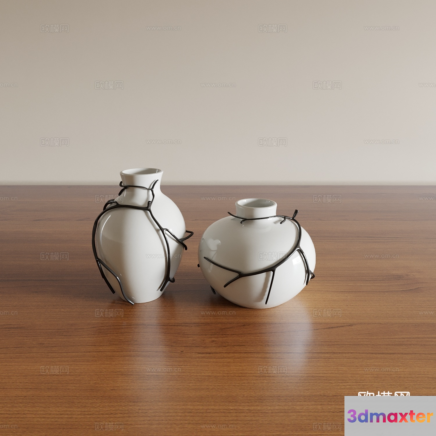 Two White Vases With Black Designs 3D Model - 21071 - VRAY Render