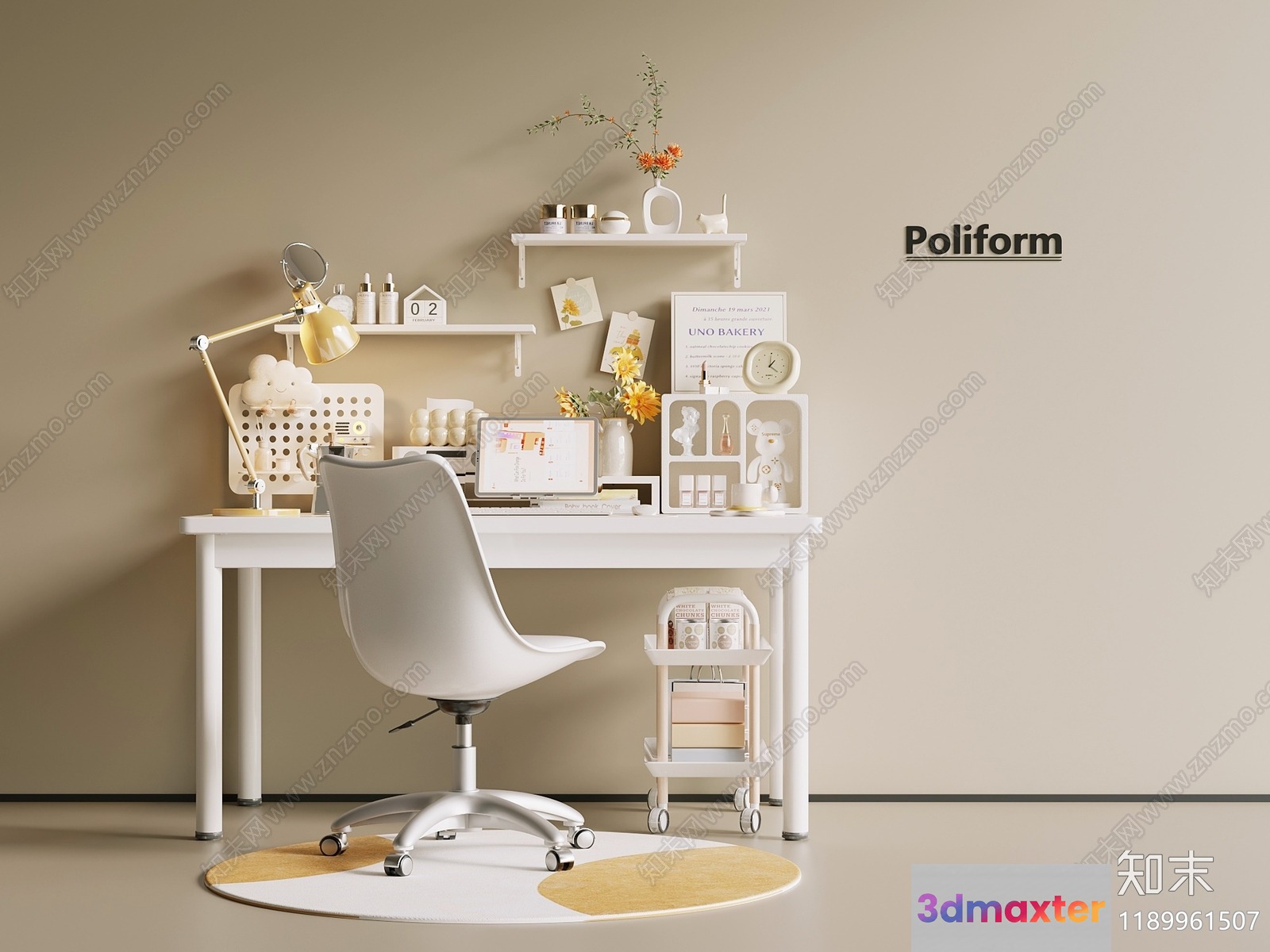 A White Desk With A White Chair 3D Model - 11560 - VRAY Render