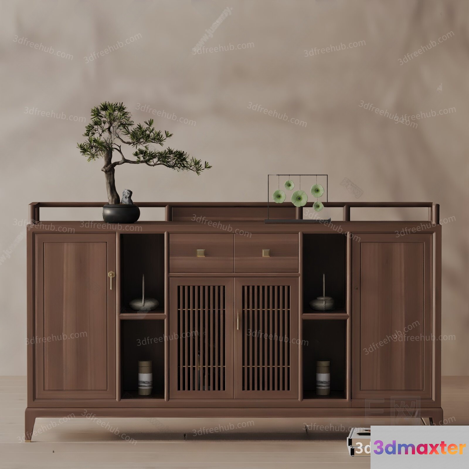 A Wooden Cabinet With A Bonsai Tree On Top 3D Model - 20266 - VRAY Render