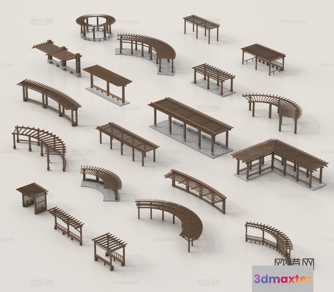 A Collection Of Wooden Pergolas 3D Model - 7038 - VRAY Render