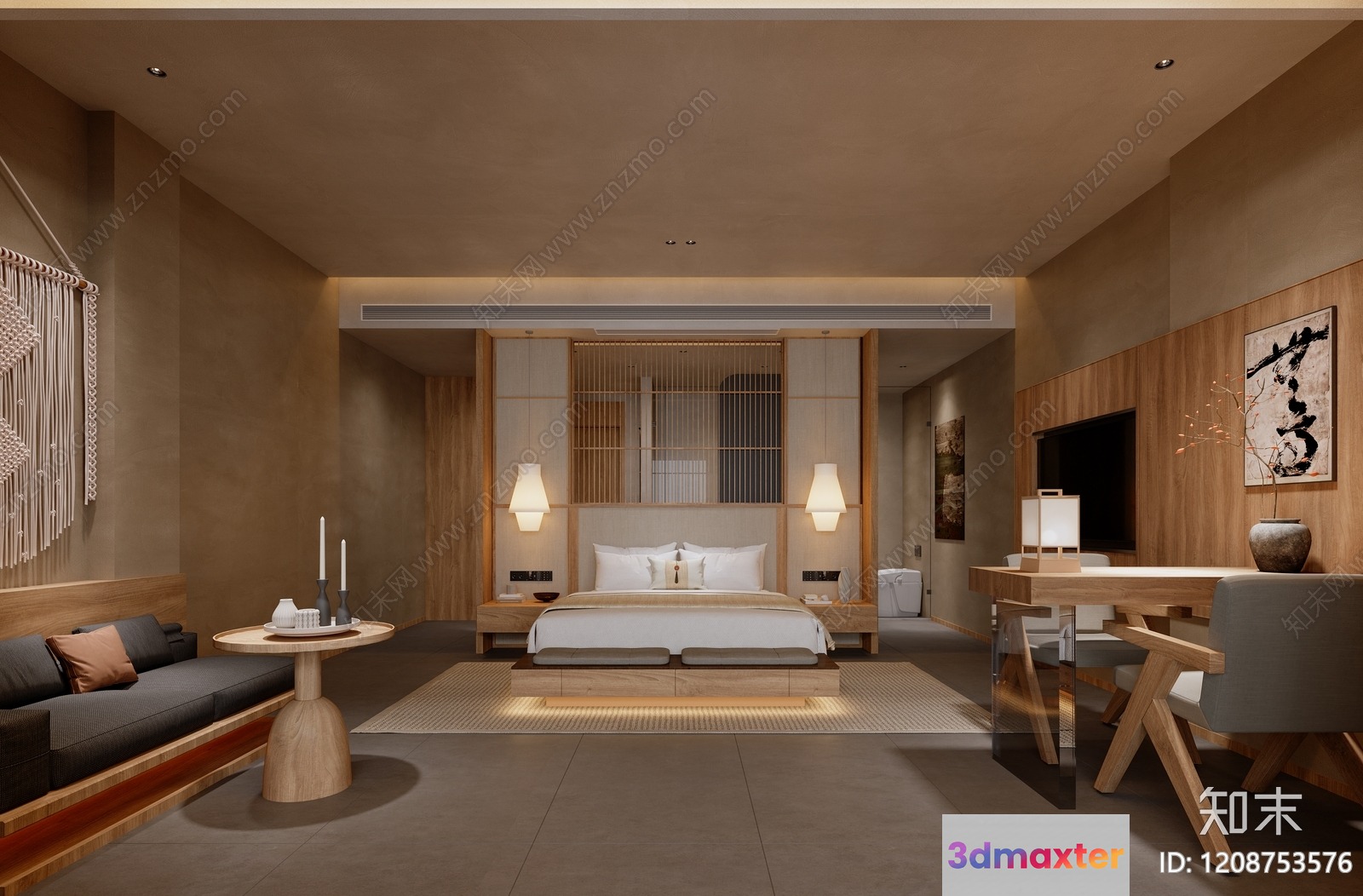 Modern Japanese-Inspired Bedroom 3D Model - 19135 - VRAY Render
