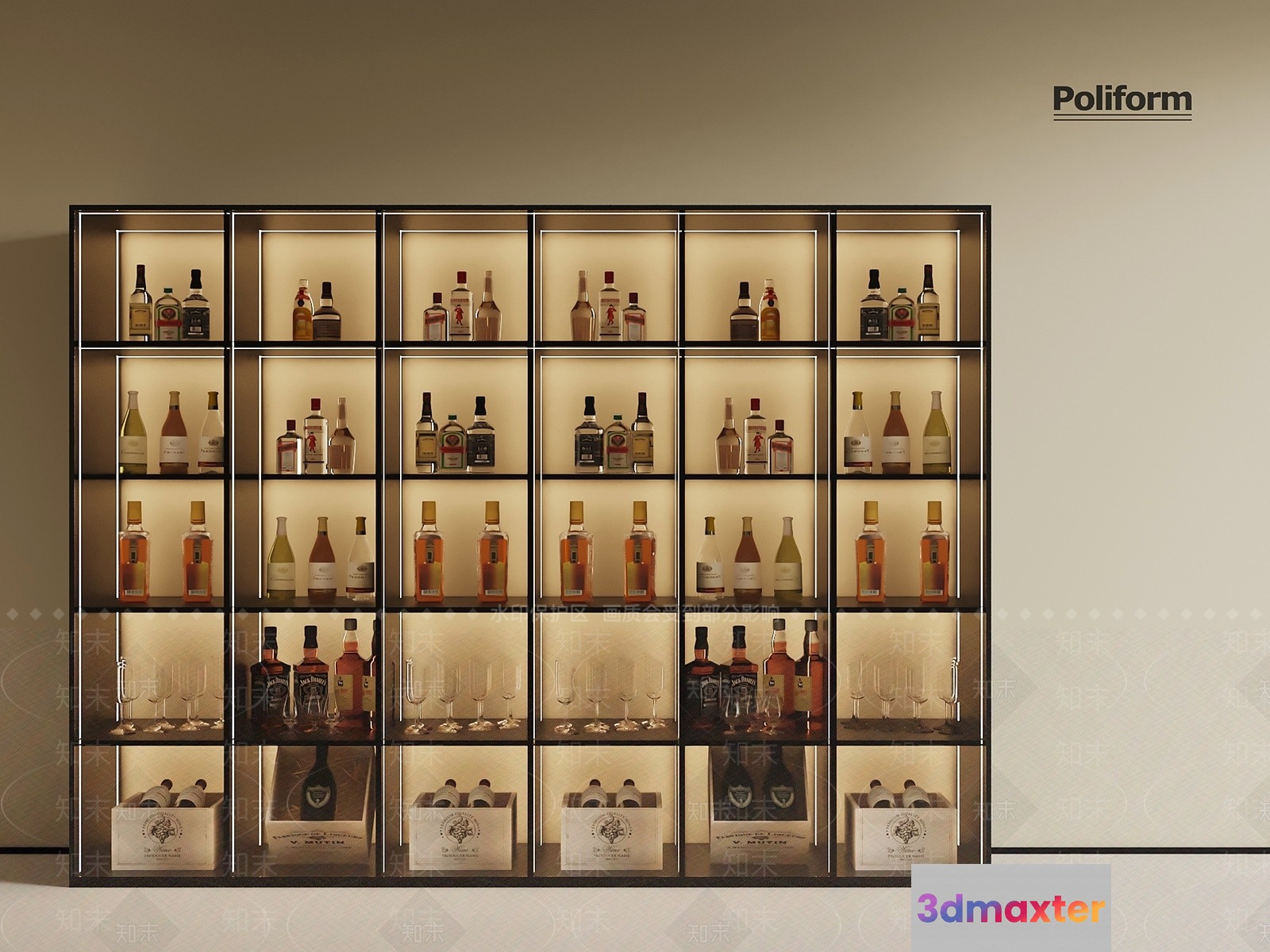 A Large Shelving Unit With Glass Shelves And Lights 3D Model - 6536 - VRAY Render