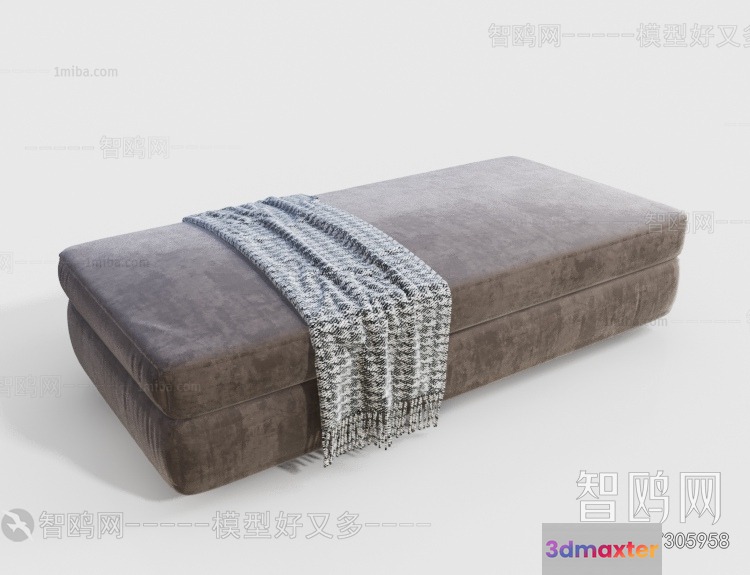 A Grey Ottoman With A Blanket On It 3D Model - 21570 - VRAY Render