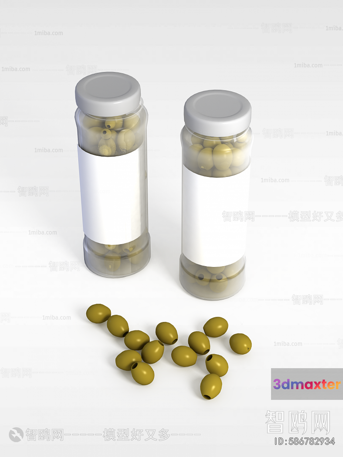 Two Bottles Of Green Olives 3D Model - 22173 - VRAY Render