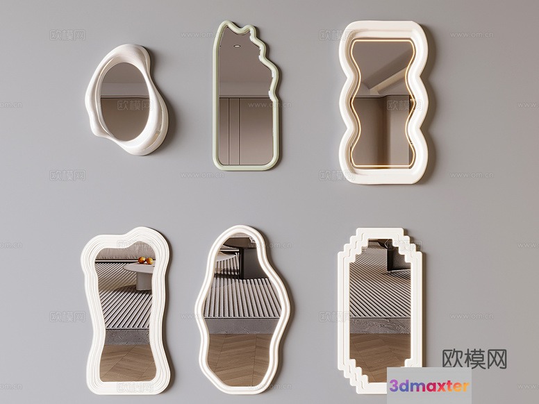 A Collection Of Six White Wall Mirrors With Various Shapes And Sizes 3D Model - 1208 - VRAY Render