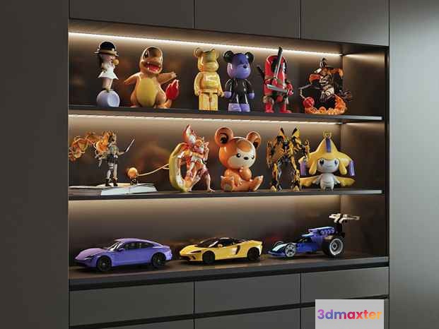A Shelf With Figurines And Model Cars 3D Model - 6664 - CORONA Render