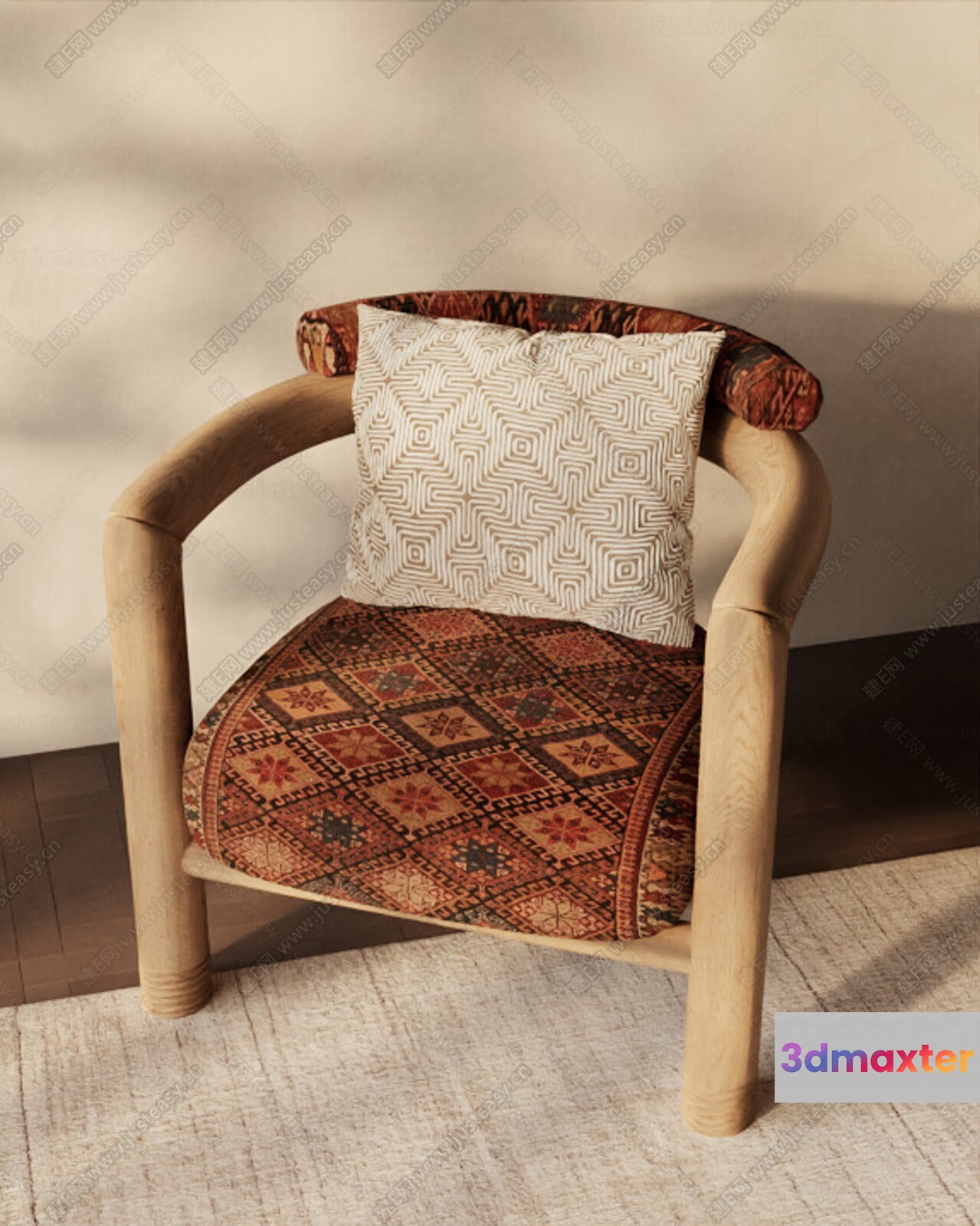Wooden Armchair With Patterned Seat And Back 3D Model - 7658 - CORONA Render