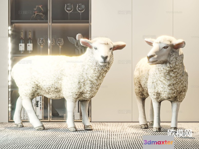A Pair Of White Sheep Statues 3D Model - 13242 - VRAY Render