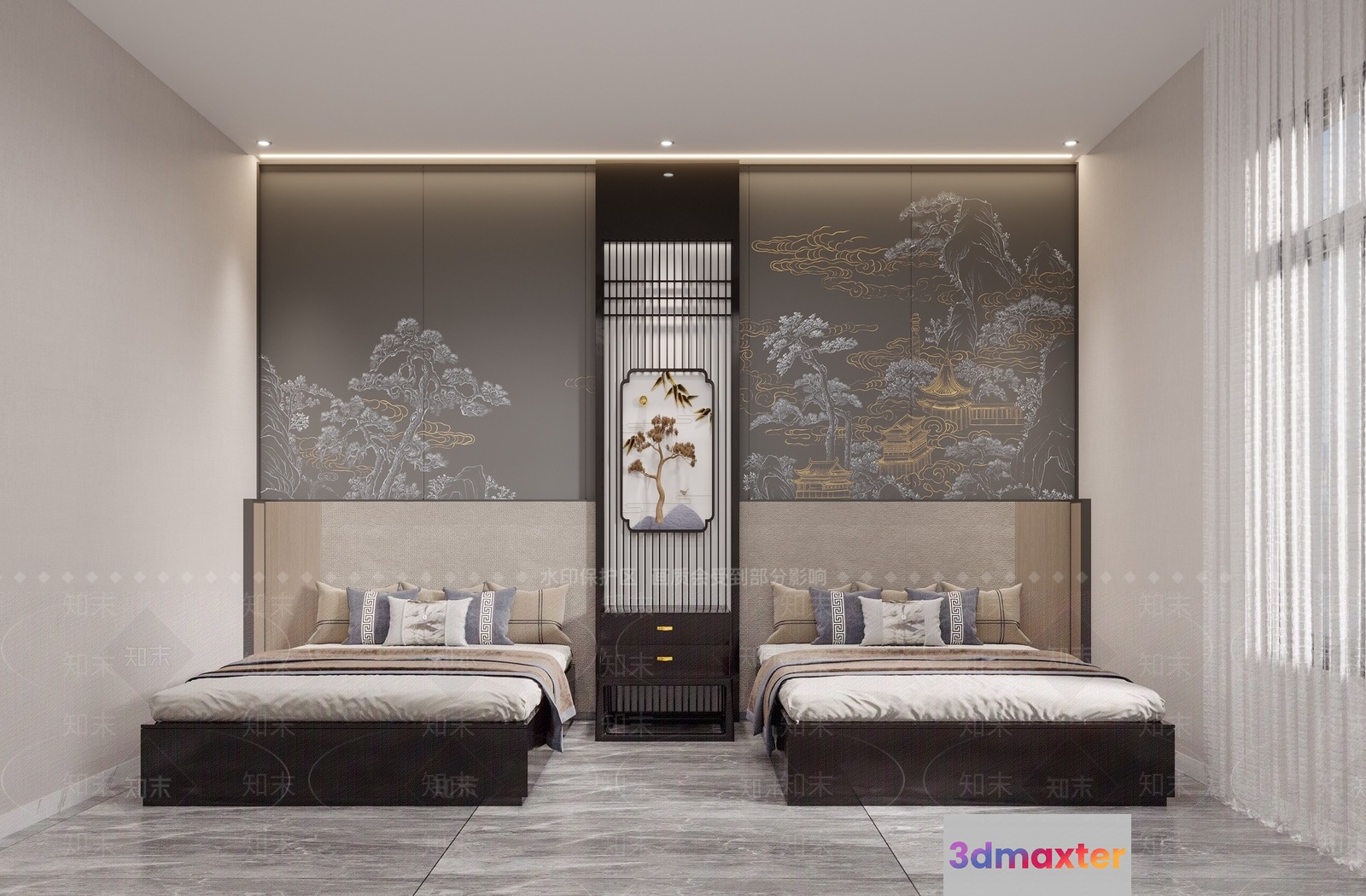 A Modern Bedroom With Two Beds 3D Model - 15456 - VRAY Render