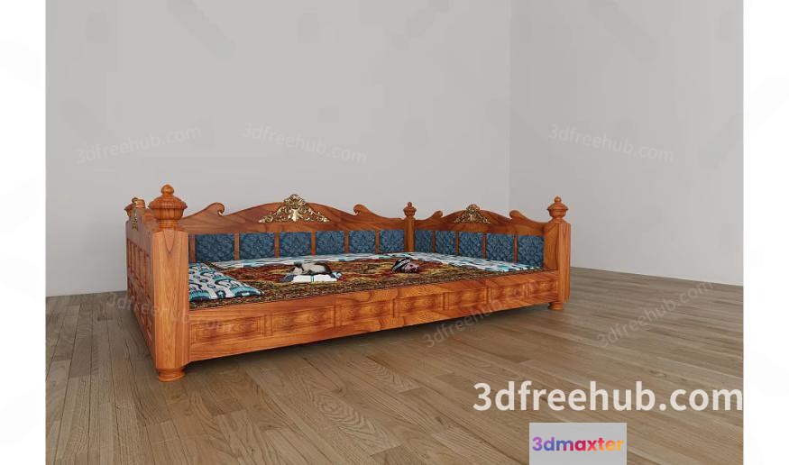 Wooden Daybed With Blue Cushions 3D Model - 23285 - VRAY Render