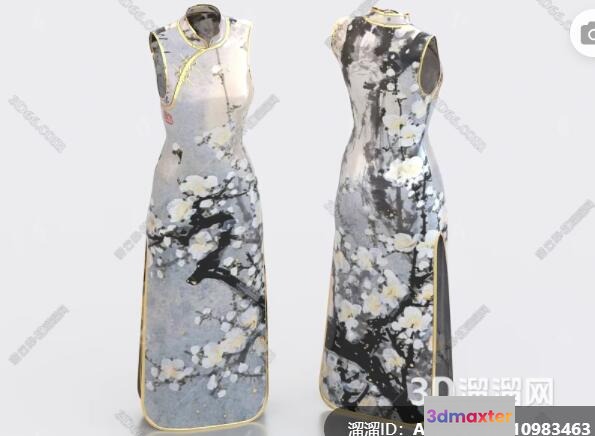 A Long Sleeveless Dress With A Floral Pattern 3D Model - 15421 - VRAY Render