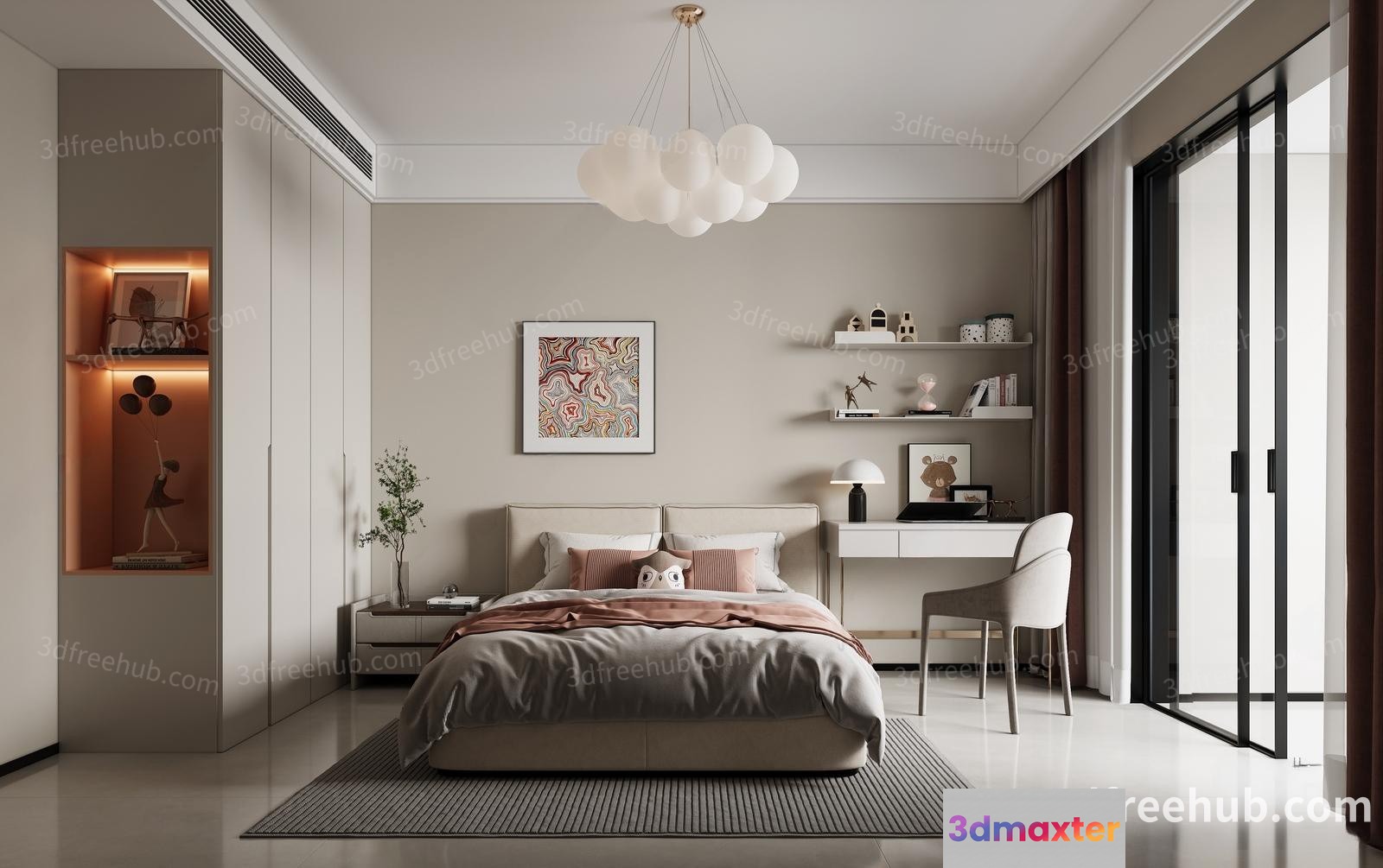 Modern Bedroom With Desk 3D Model - 19905 - VRAY Render