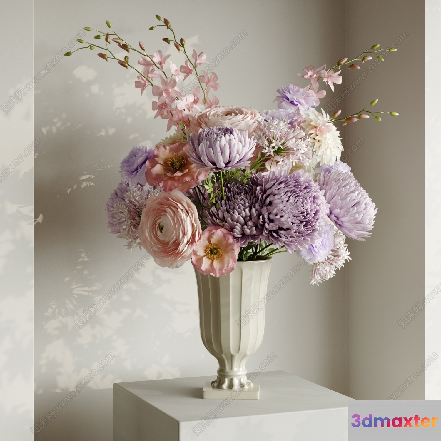A White Vase With A Floral Arrangement 3D Model - 15336 - VRAY Render