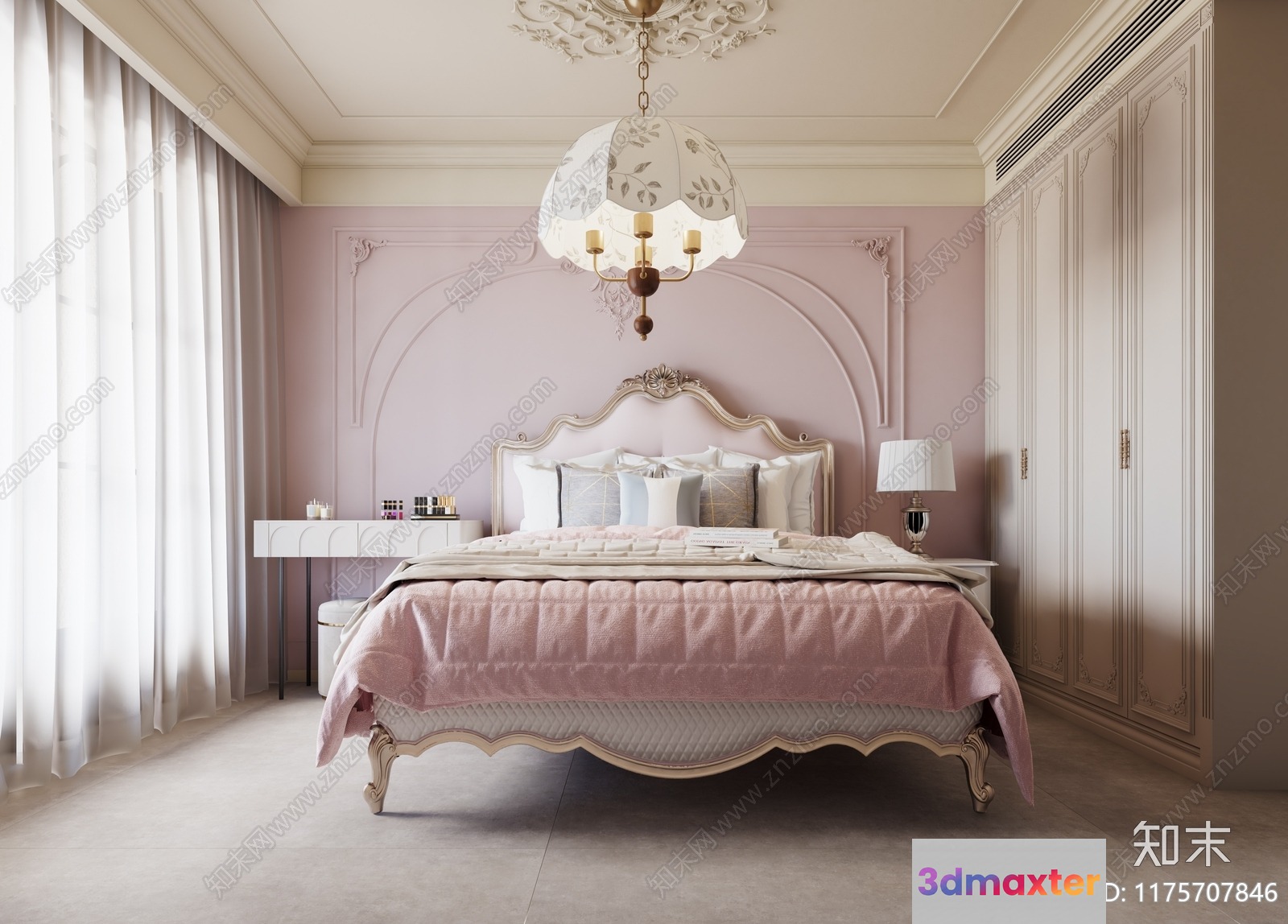 A Bed With A Pink Blanket 3D Model - 6766 - VRAY Render