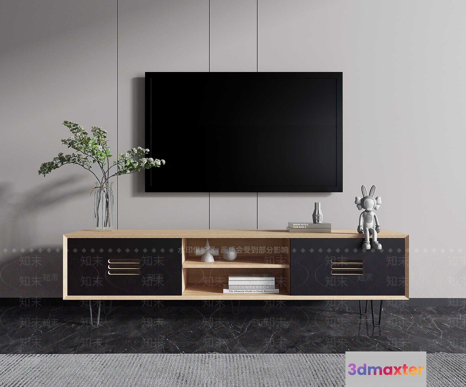 A Tv Stand With A Tv Mounted On The Wall 3D Model - 4670 - VRAY Render