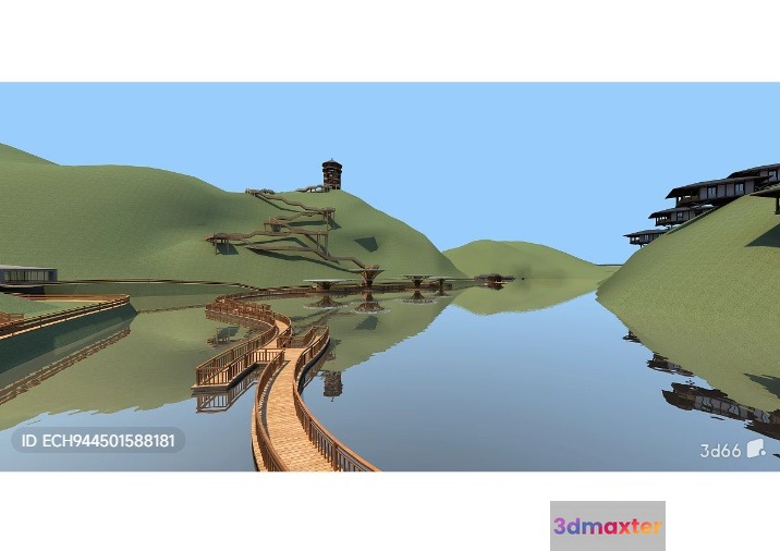 A Serene Landscape With A Bridge And A Body Of Water 3D Model - 10824 - VRAY Render