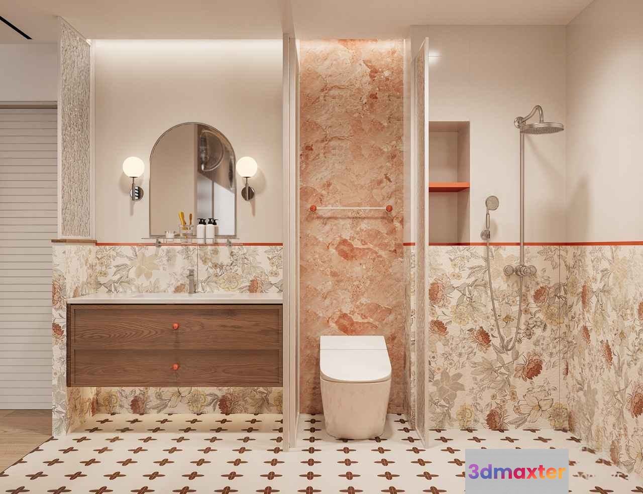 A Bathroom With A Floral Pattern 3D Model - 258 - CORONA Render