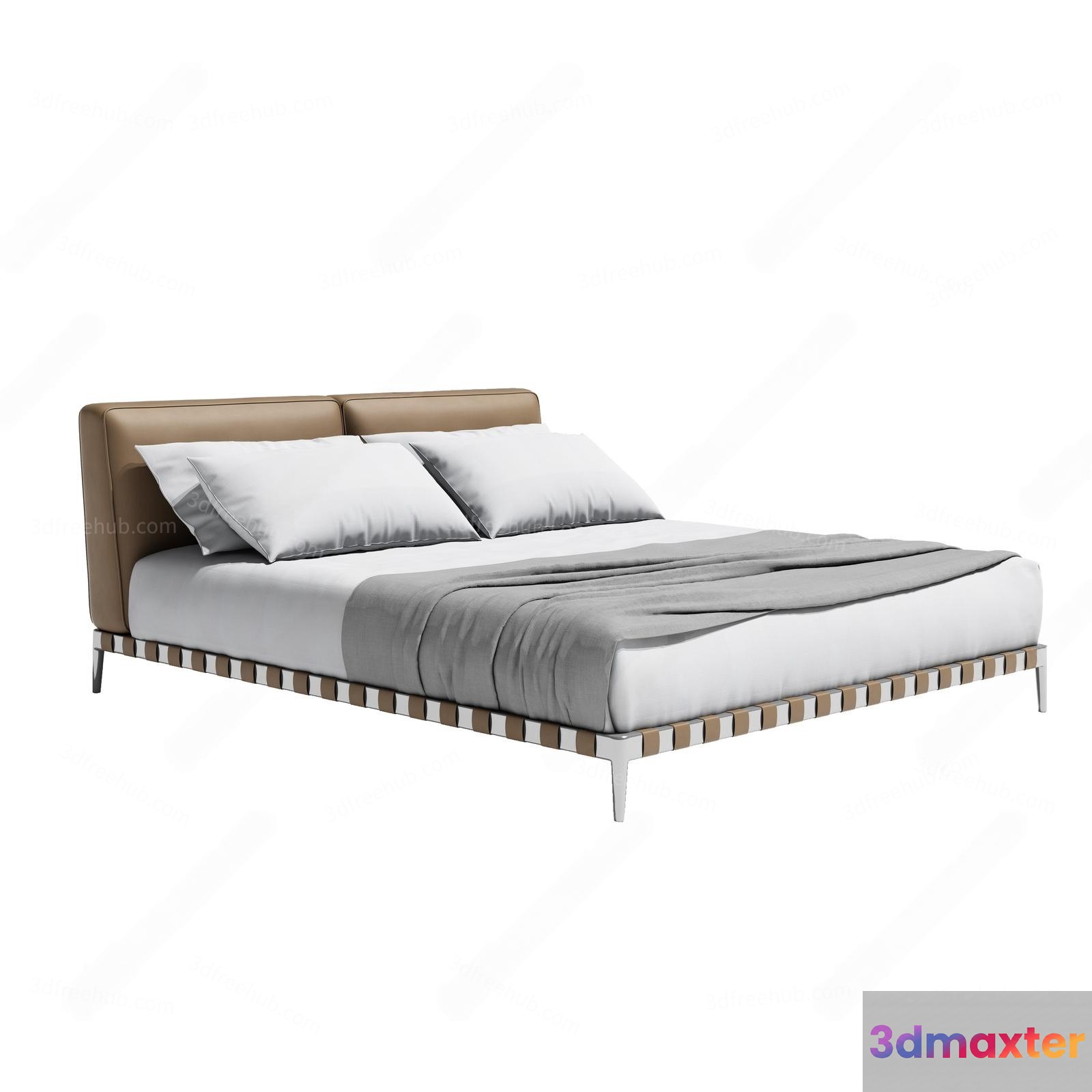 A Modern Bed With A White And Gray Comforter 3D Model - 19632 - VRAY Render