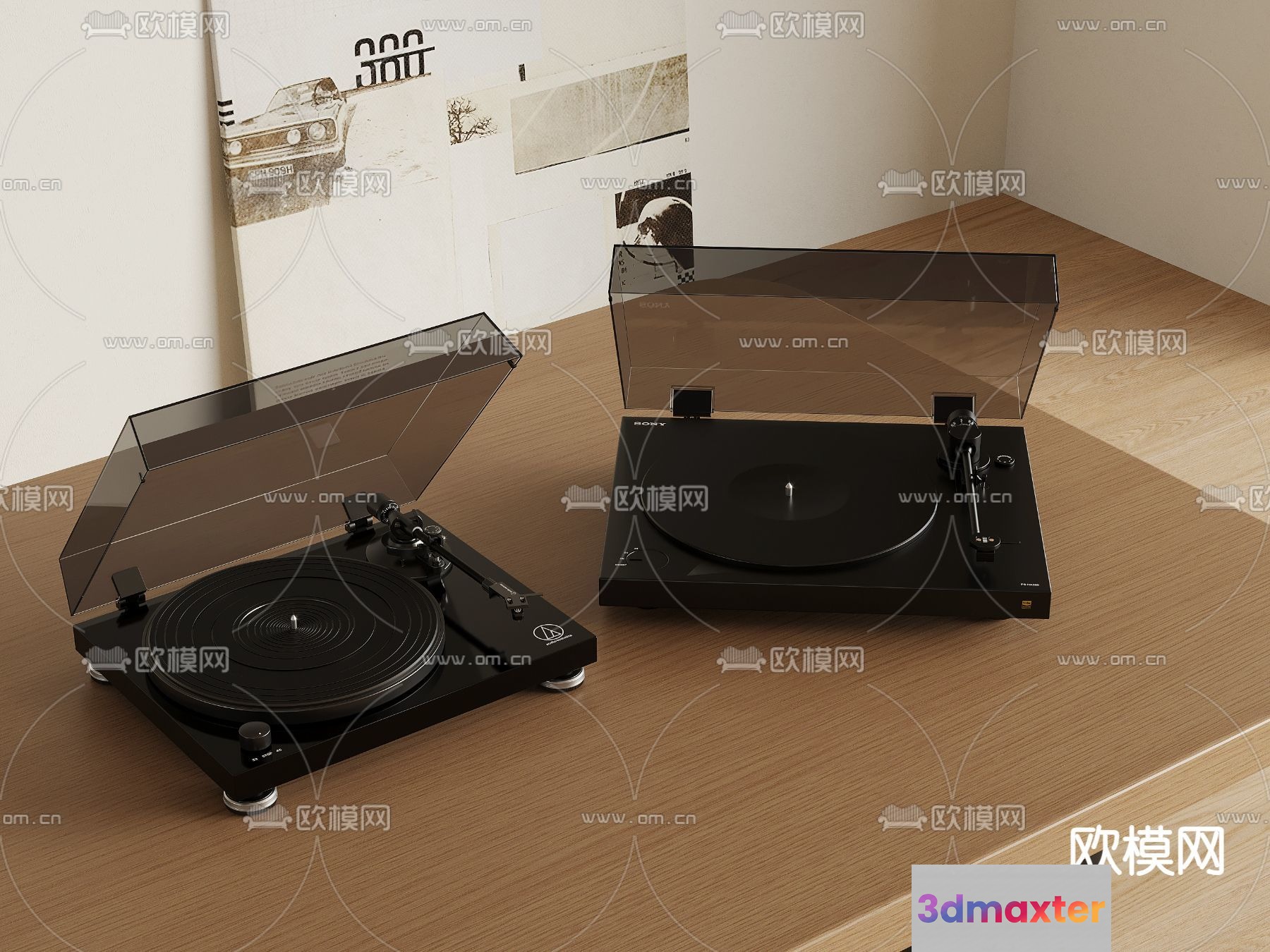 Two Record Players On A Wooden Table 3D Model - 2713 - VRAY Render
