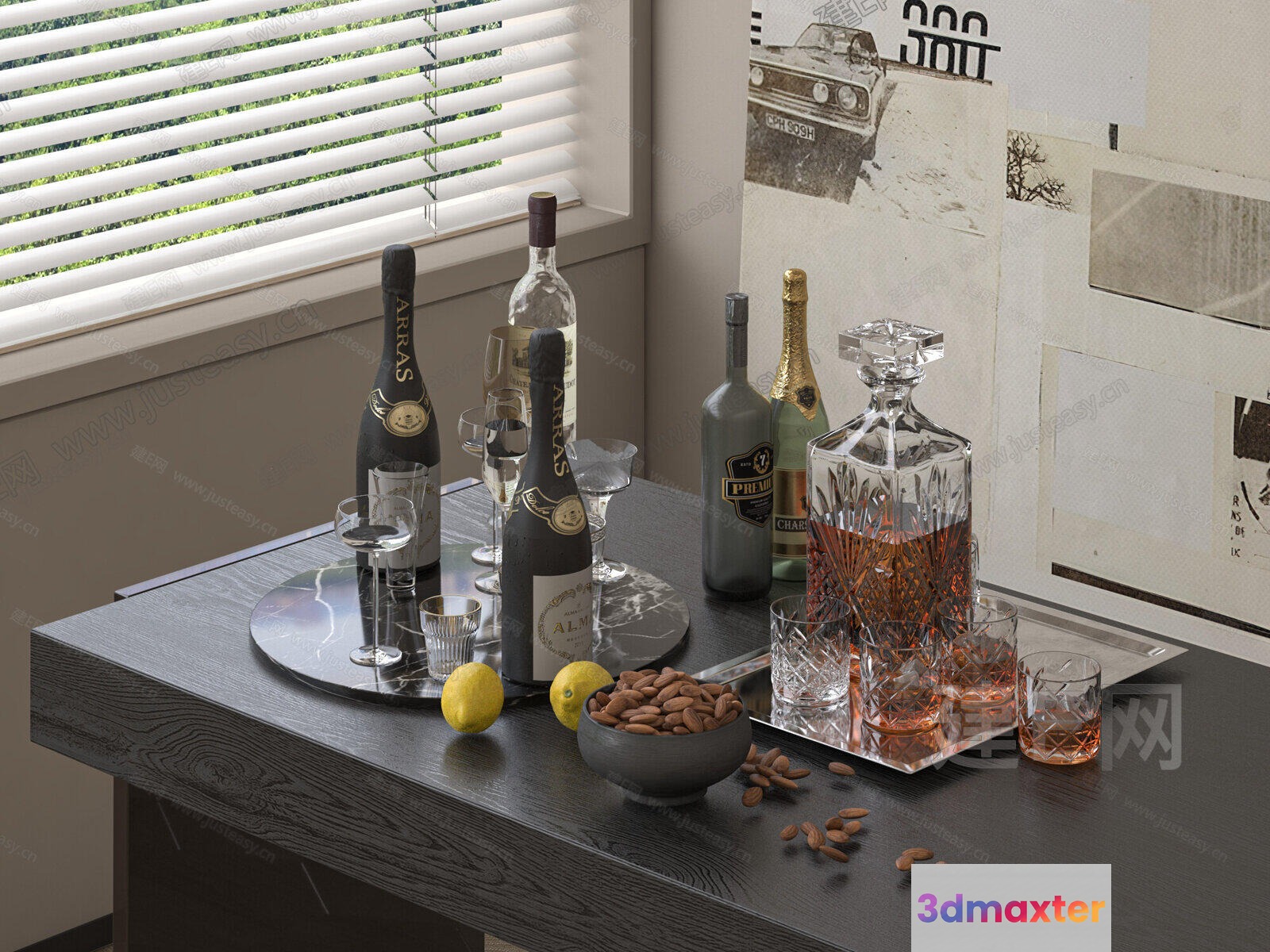 A Table With Various Bottles And Glasses 3D Model - 20409 - VRAY Render