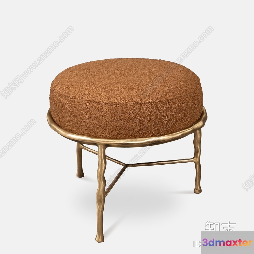 A Small Round Stool With A Gold Frame And Brown Seat 3D Model - 5512 - VRAY Render