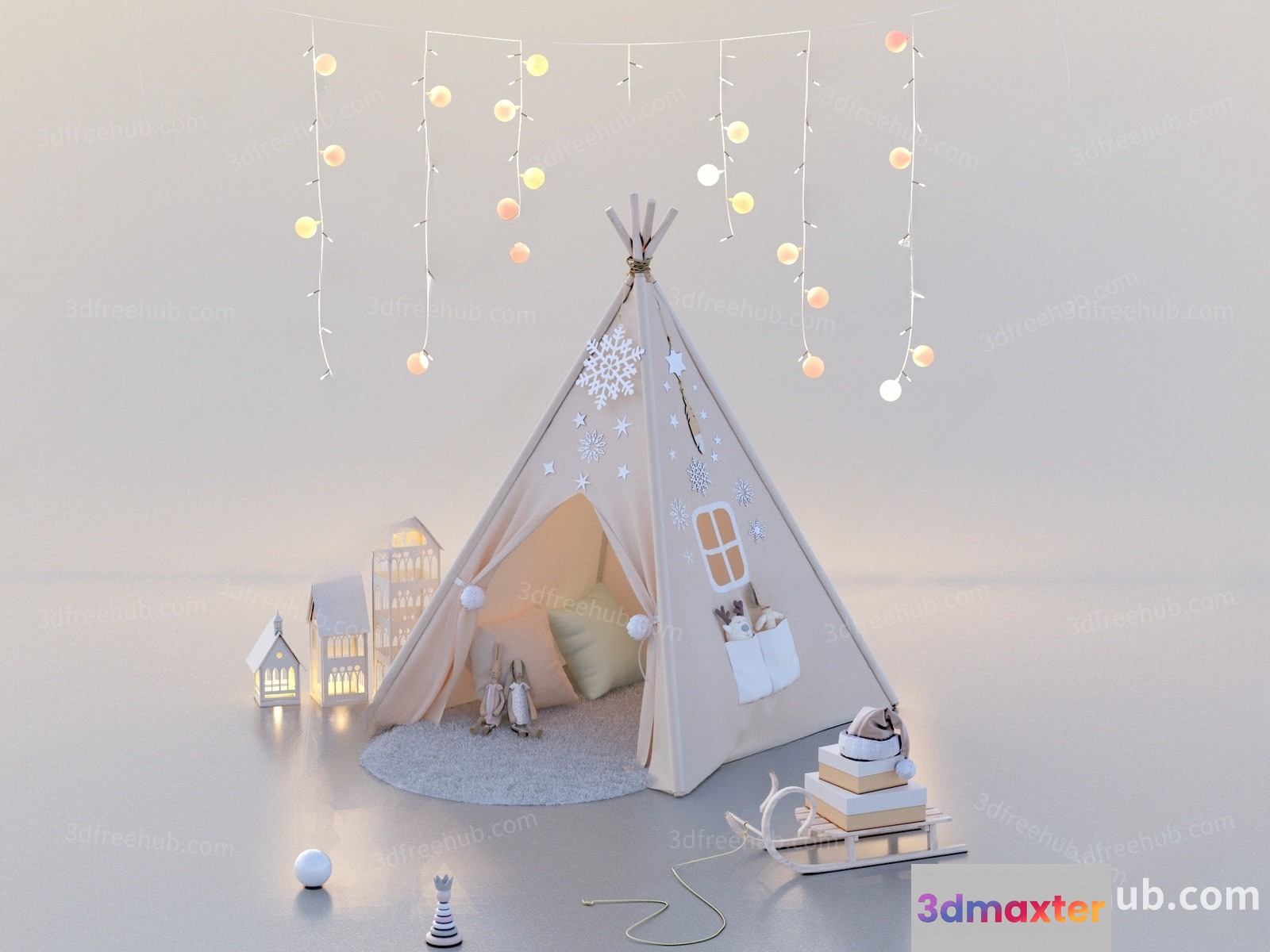 A White Teepee With Snowflakes 3D Model - 3386 - VRAY Render