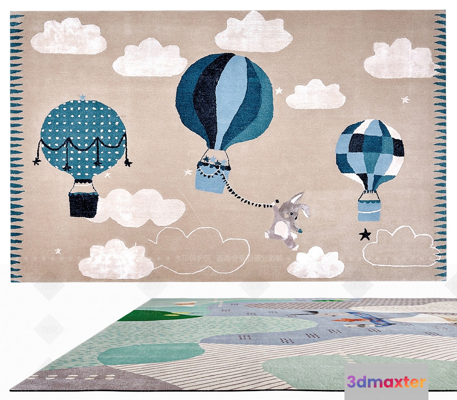 Blue And White Rug With Hot Air Balloons 3D Model - 6104 - VRAY Render