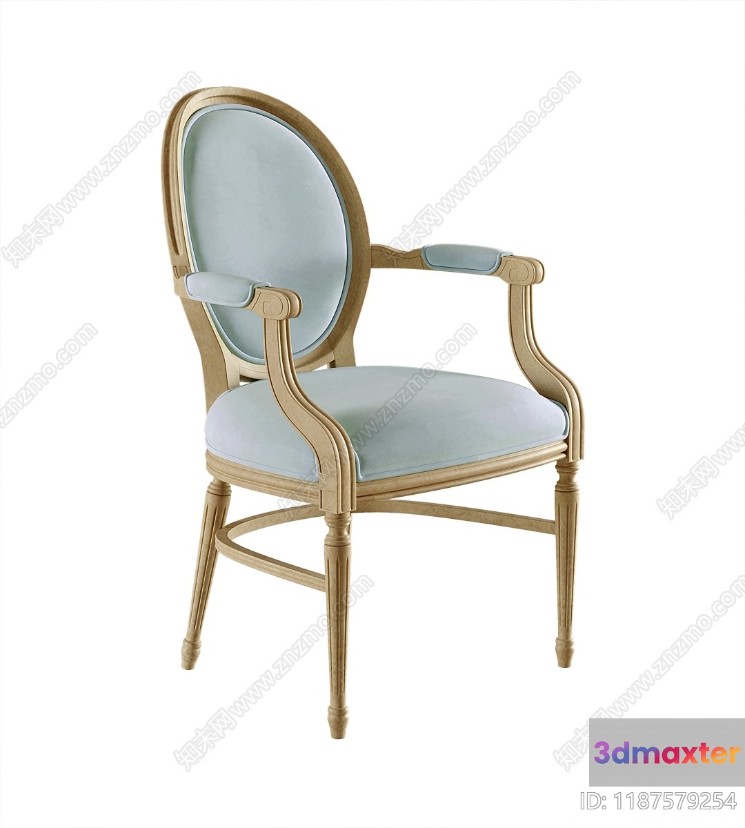Wooden Armchair With Light Blue Upholstery 3D Model - 12758 - VRAY Render