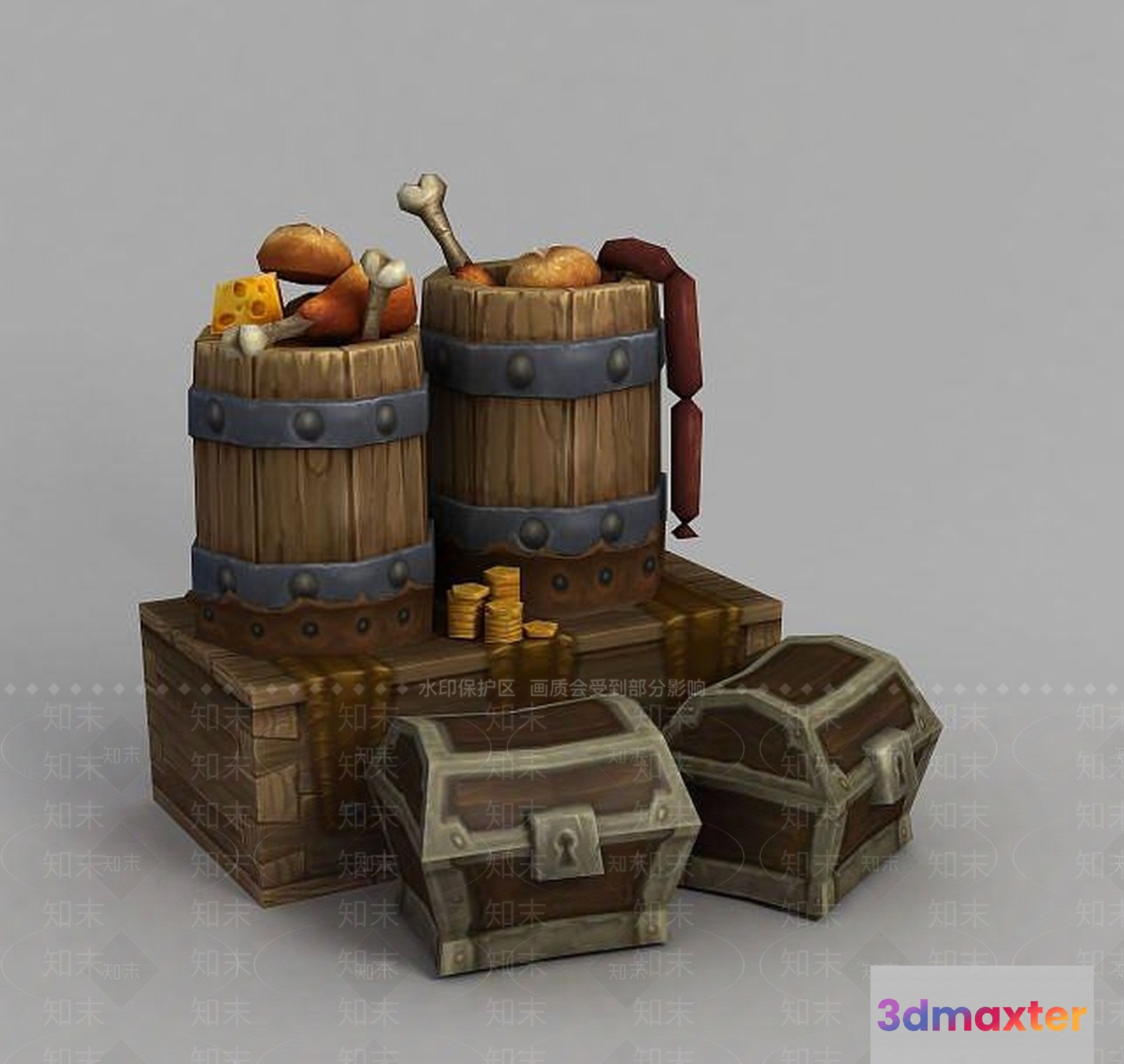 Stack Of Treasure Chests And Barrels 3D Model - 17427 - VRAY Render