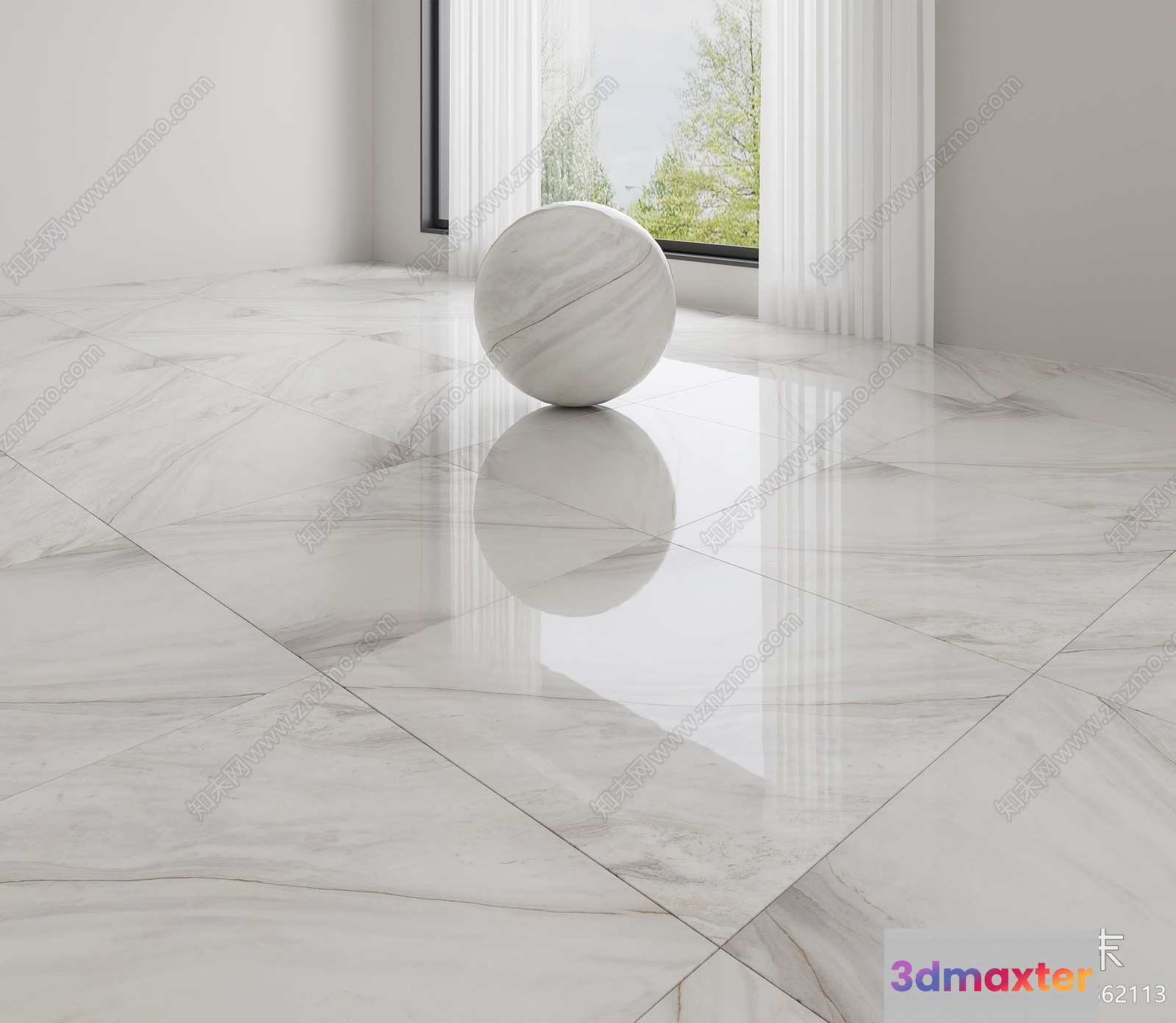 A Marble Floor With A Reflective Surface And A Ball On It 3D Model - 4986 - VRAY Render