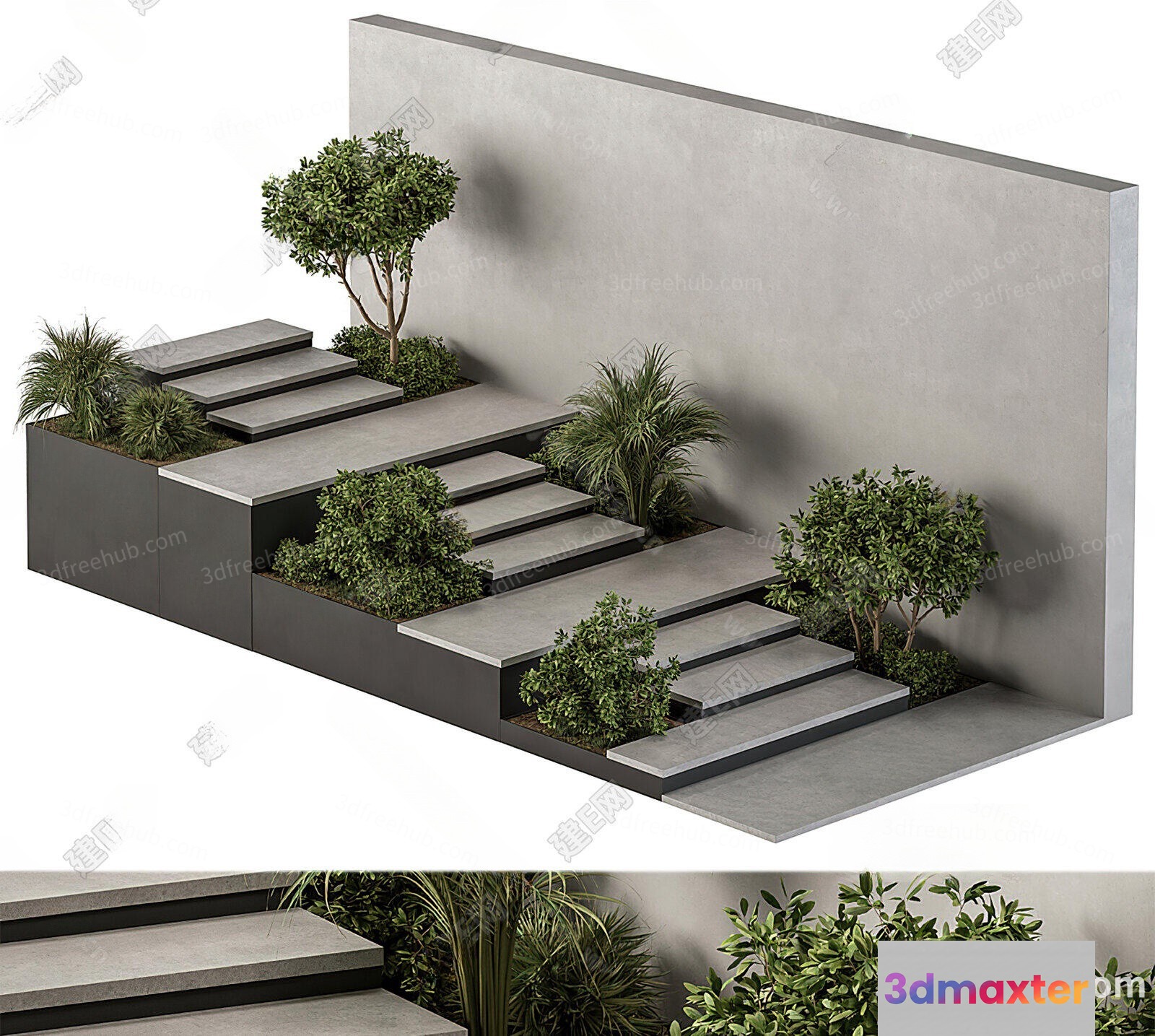 A 3D Rendering Of A Staircase With Plants 3D Model - 19869 - VRAY Render