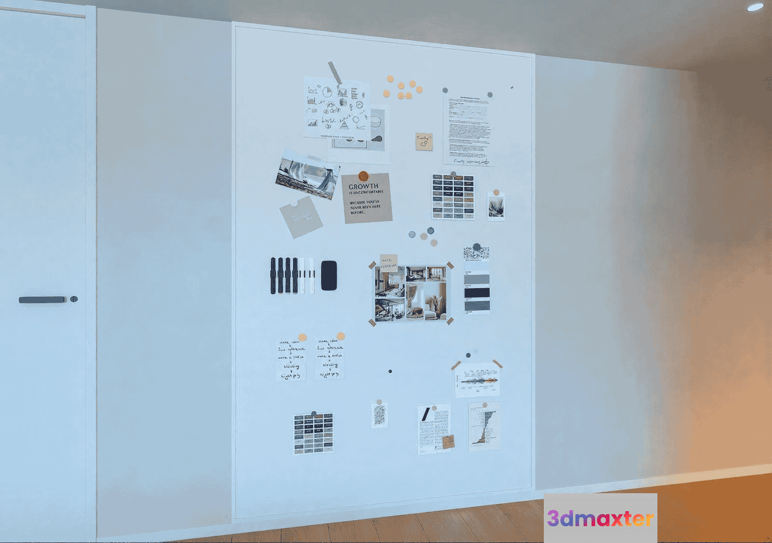 A White Wall With A Collection Of Papers And Images Pinned To It 3D Model - 14566 - VRAY Render