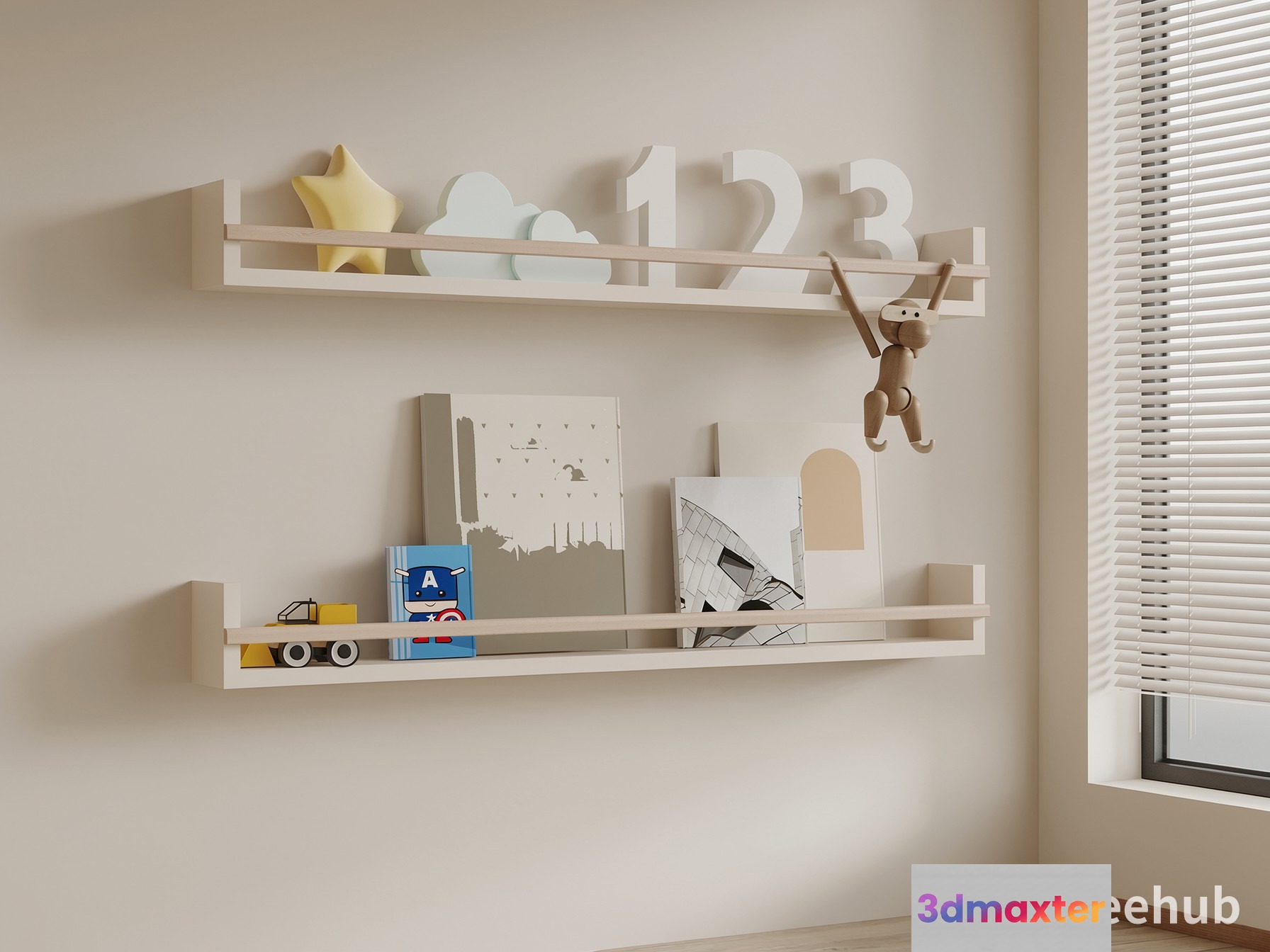 A Minimalist White Shelf With Various Decorative Items 3D Model - 5515 - VRAY Render