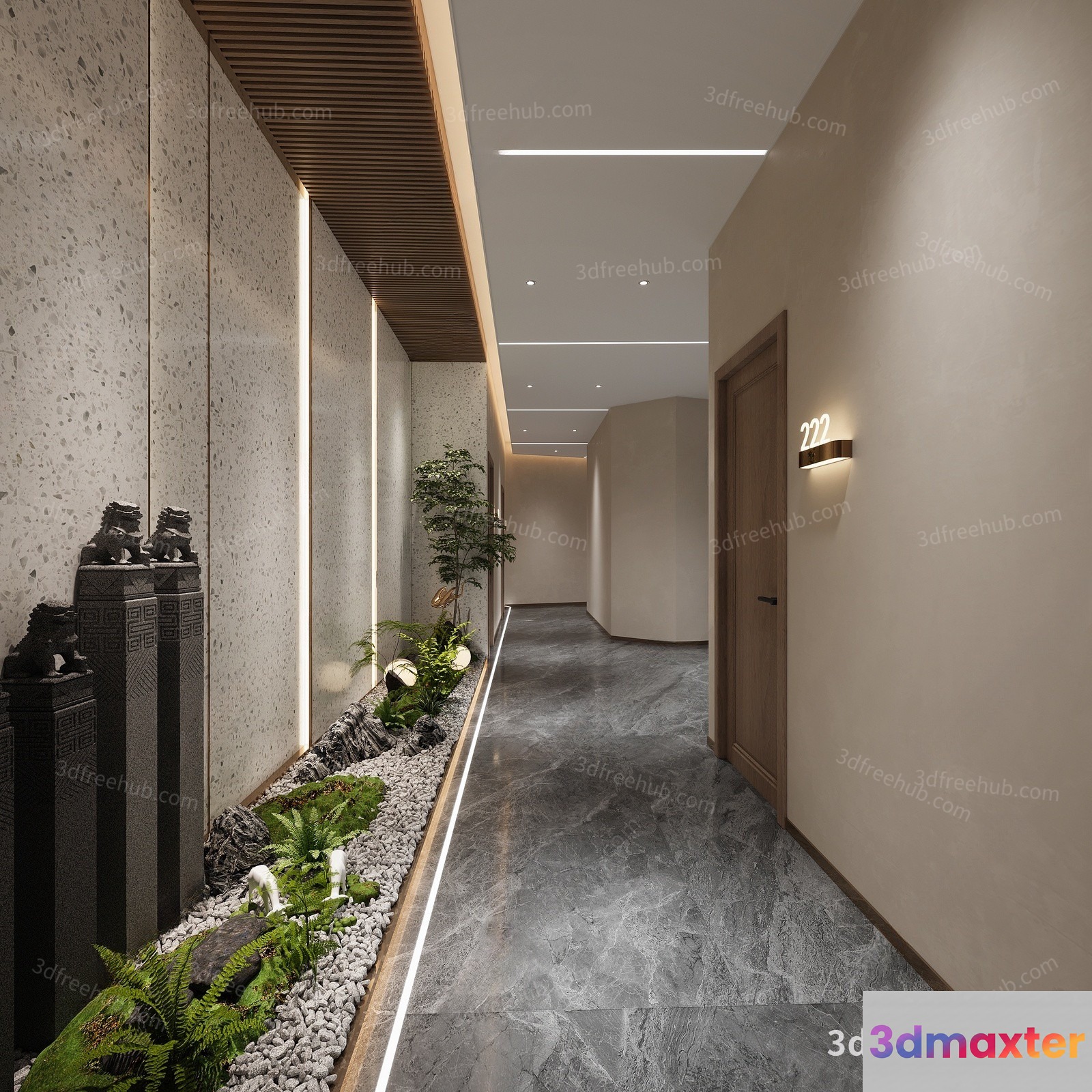 Modern Hallway With Plants 3D Model - 18719 - VRAY Render