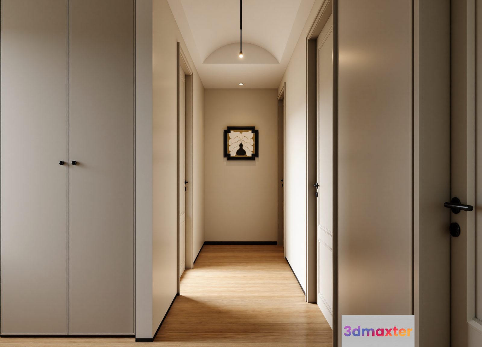 A Long Hallway With White Doors 3D Model - 23158 - VRAY Render