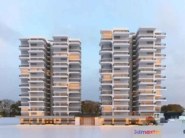 Two Tall White Apartment Buildings 3D Model - 14662 - VRAY Render