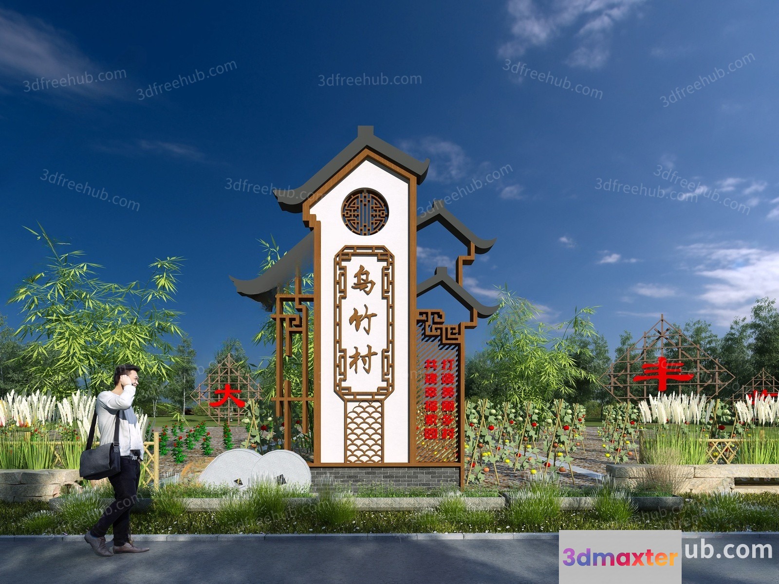 A Man Walking On A Sidewalk In Front Of A Garden With A Large Sign 3D Model - 769 - VRAY Render