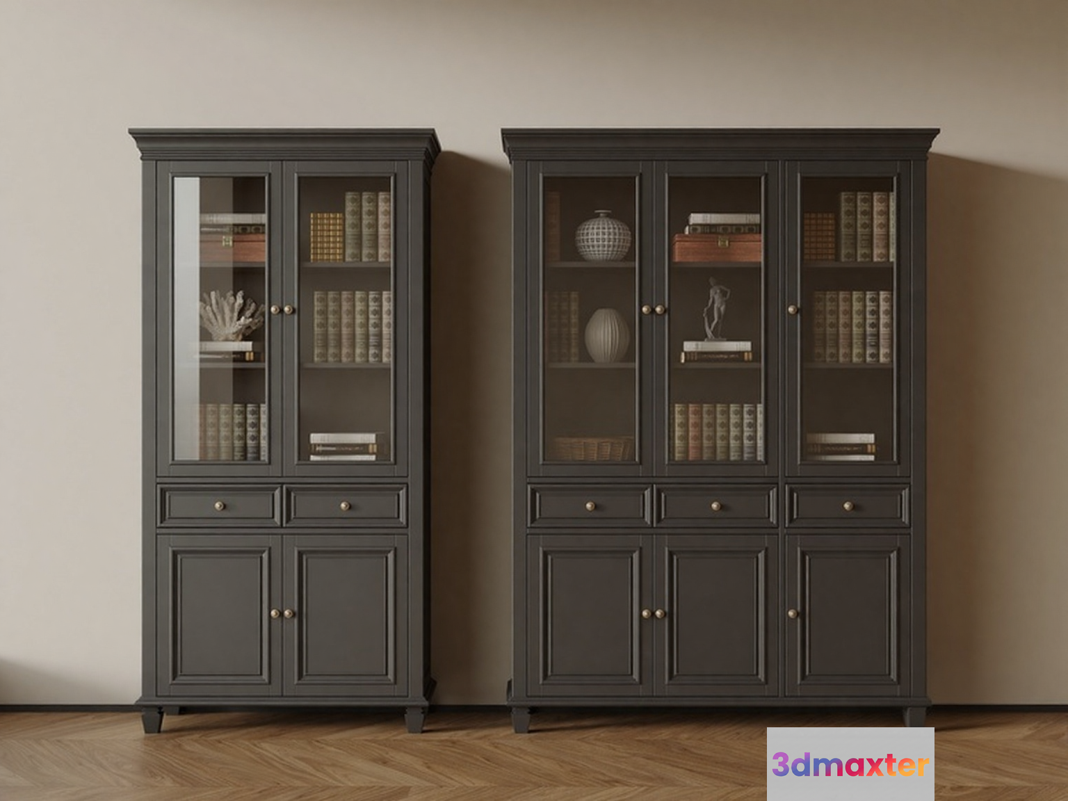 Two Tall Dark Grey Bookshelves 3D Model - 9693 - VRAY Render