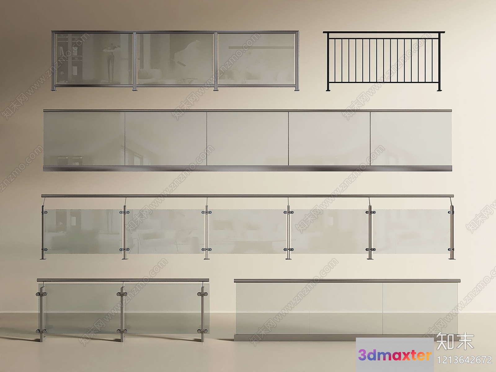 A Collection Of Glass And Metal Railings 3D Model - 18100 - VRAY Render