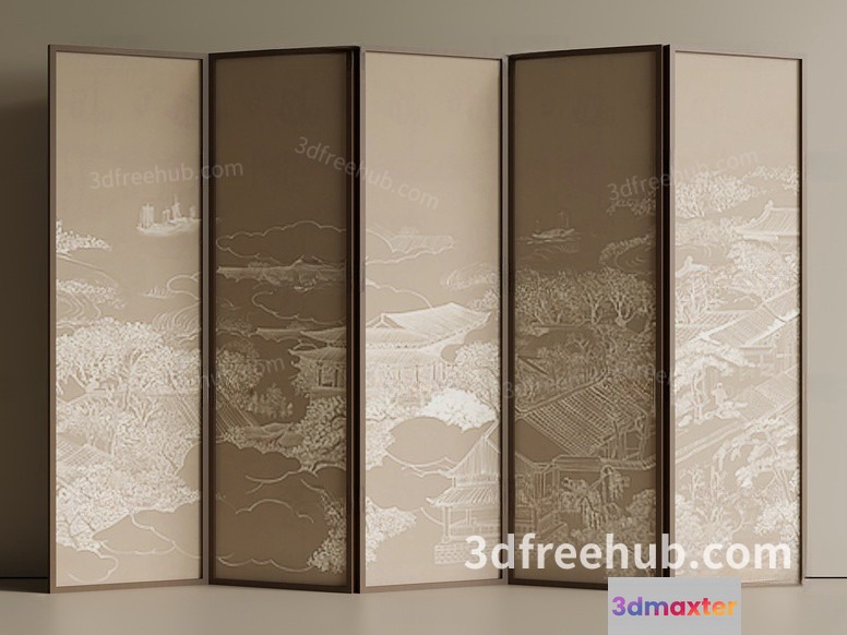 A Four-Panel Screen With A Light-Colored Etched Design 3D Model - 21222 - VRAY Render