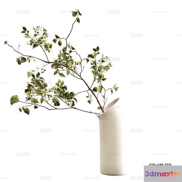 A White Vase With Green Leaves 3D Model - 2504 - CORONA Render