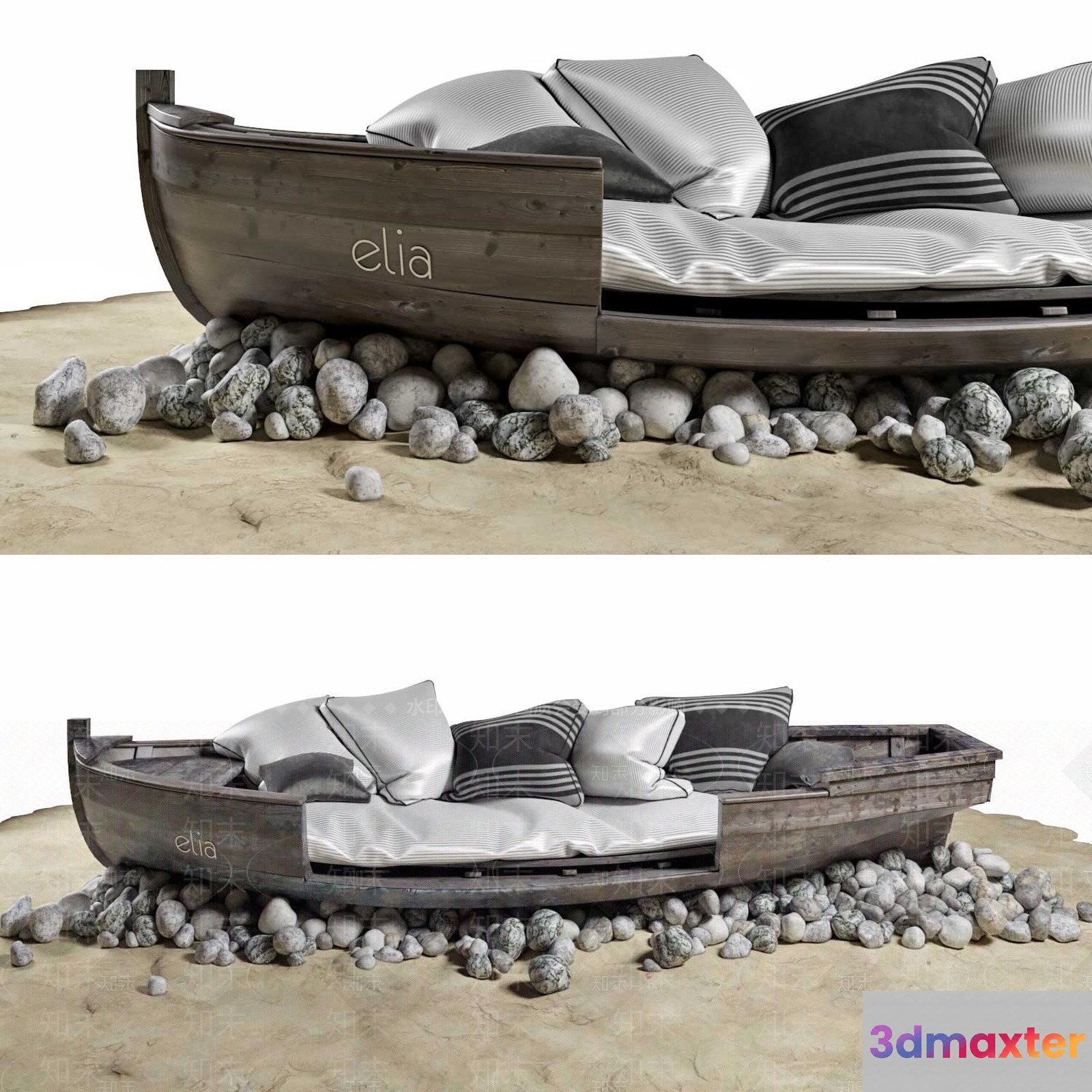 A Wooden Boat Sofa With Gray Cushions 3D Model - 20125 - VRAY Render
