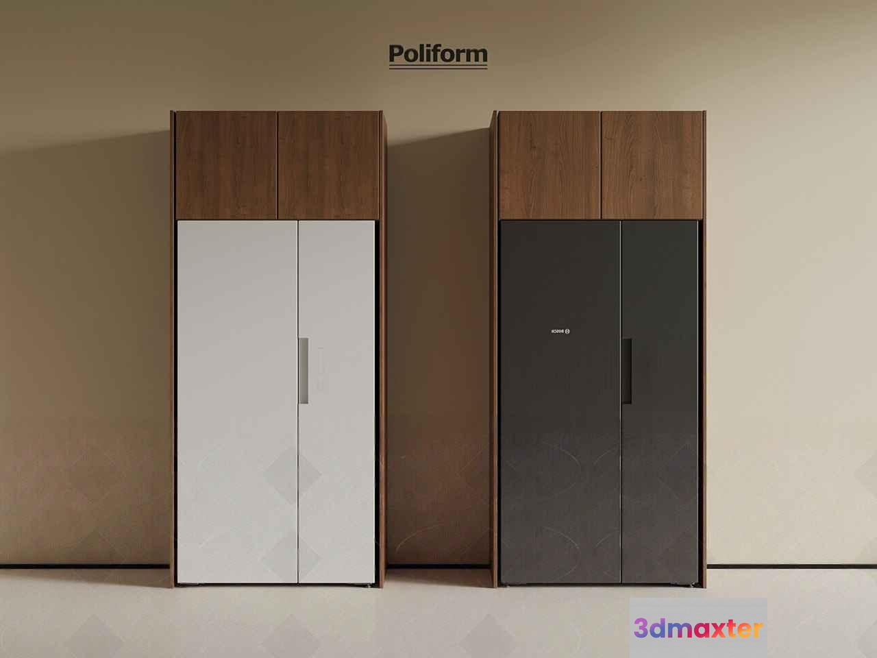 Two Tall Wooden Cabinets With White And Gray Doors 3D Model - 5979 - VRAY Render