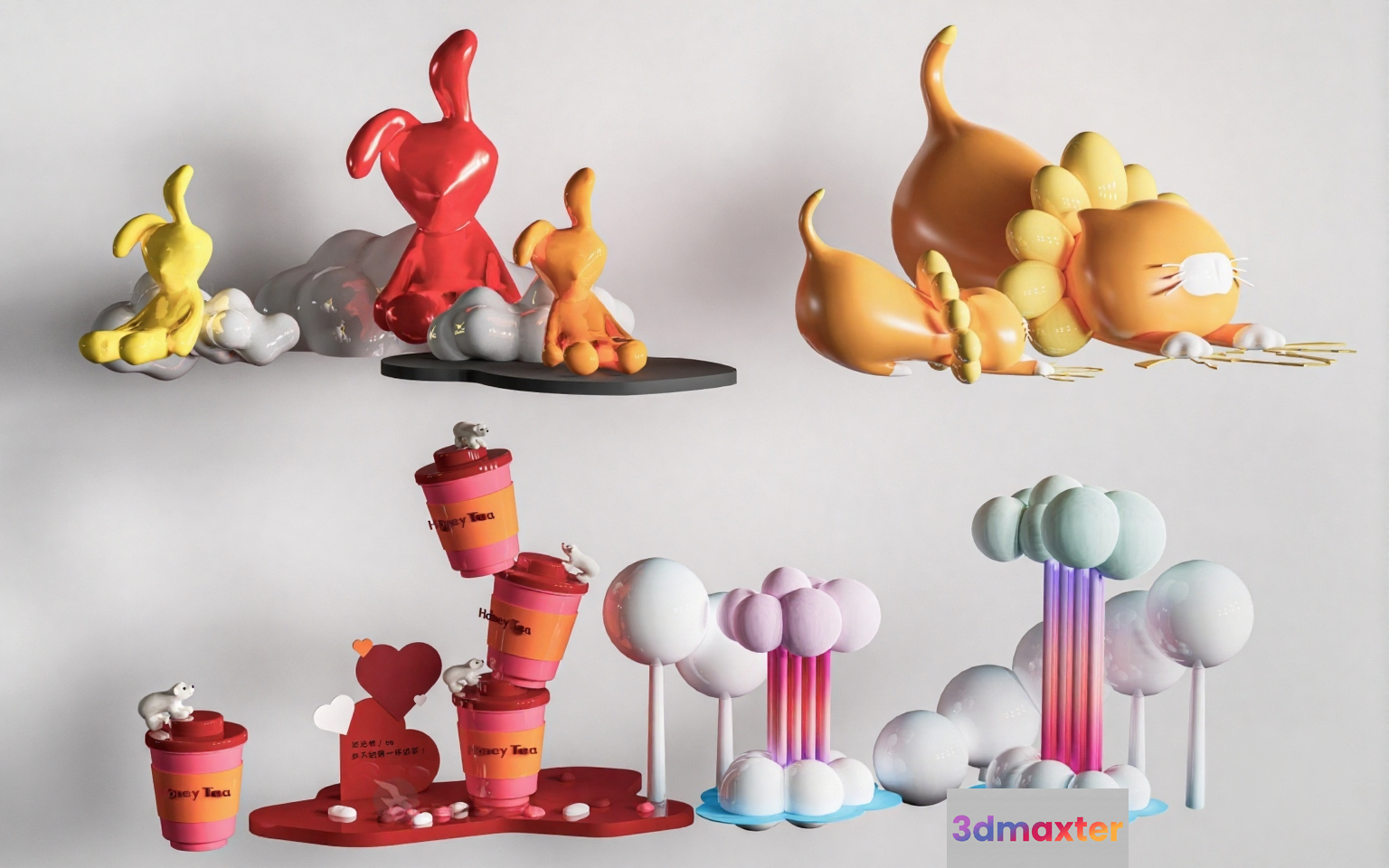 A 3D Model Of A Whimsical Scene Featuring Cartoon Animals 3D Model - 9618 - CORONA Render