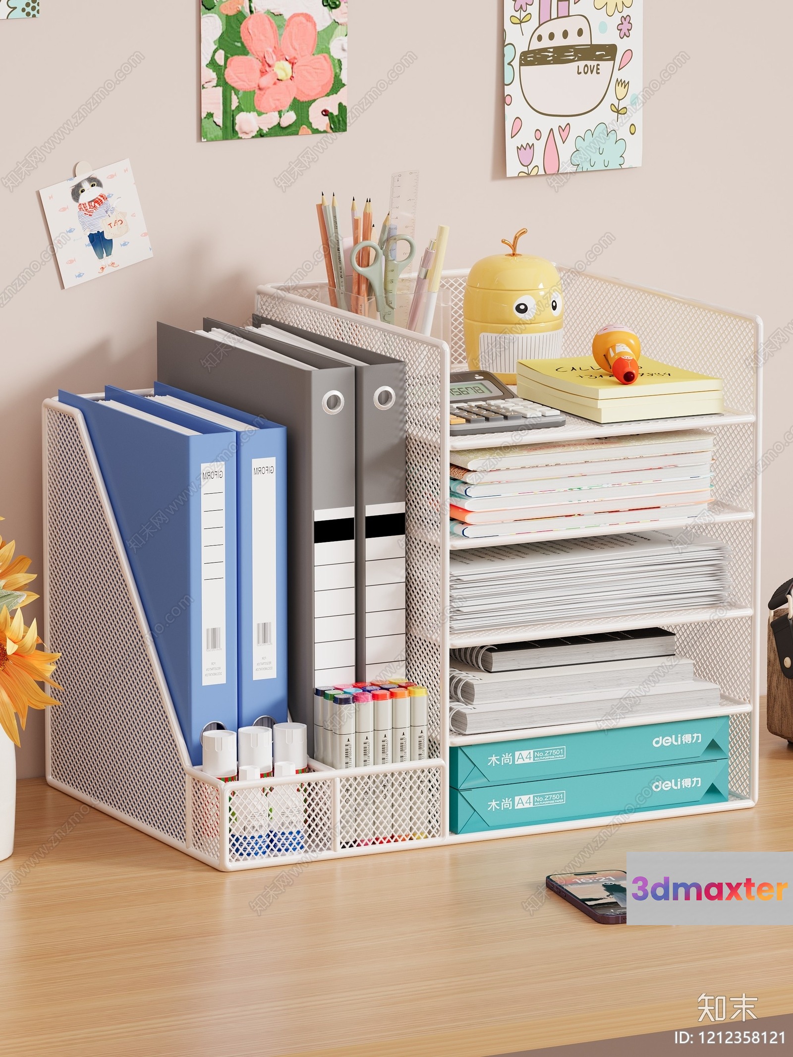 A White Mesh Desk Organizer With Various Office Supplies 3D Model - 5510 - VRAY Render