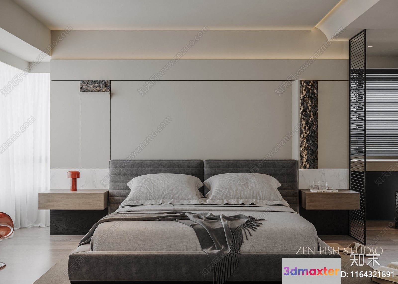 The Main Subject Is A Modern Bedroom With A Gray Bed And Nightstands 3D Model - 3494 - VRAY Render